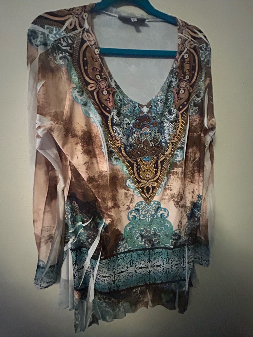 Cover charge Bohemian V-Neck Long Sleeve Tunic in Teal and Brown